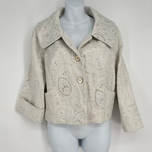 LENA GABRIELLE Size 8 Ivory Silver Jacquard Print Jacket/Blazer Bolero - Picture 1 of 8